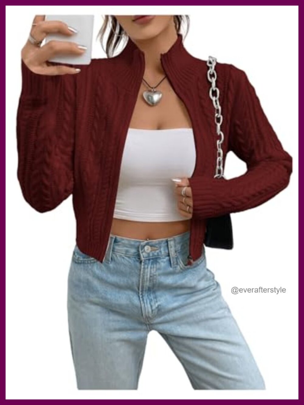 Cropped Cable Knit Zip Front Cardigan Women Long Sleeve Mock Neck Acrylic